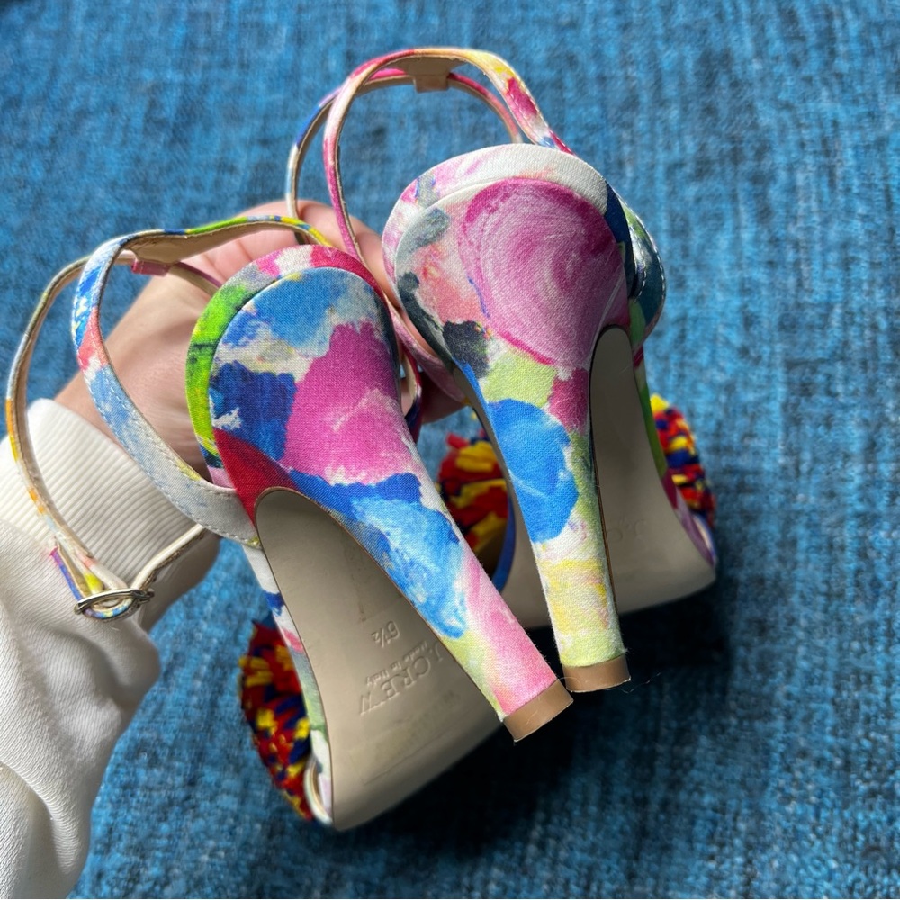 J.Crew Collection Raffia Bow Strappy Coloful Heels Made in Italy Women's 6.5 Pom - Picture 7 of 11